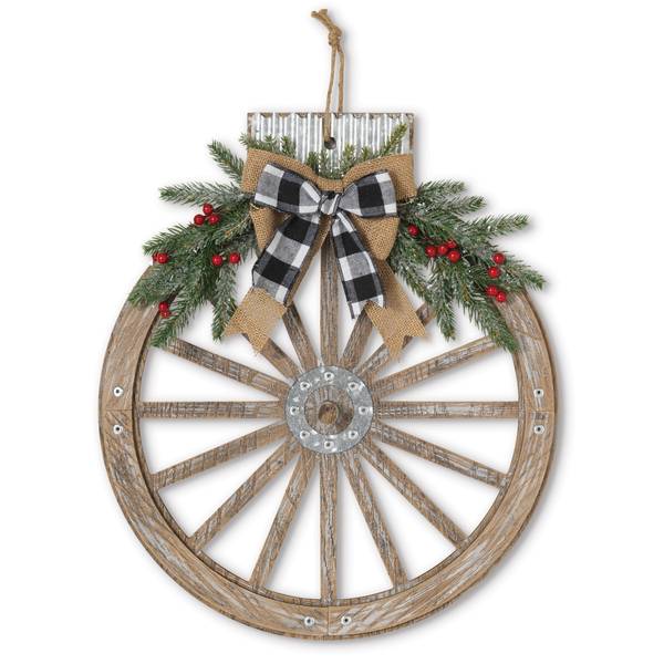 Gerson Wood And Metal Wheel Ornament With Pine Accents