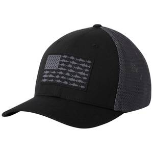 Columbia PHG Black/Gray Mesh Baseball Hat Flexfit M/L Fitted American Flag