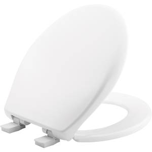 Mayfair 44BN-000 White Round Molded Wood Toilet Seat with Brushed Nickel Hinge