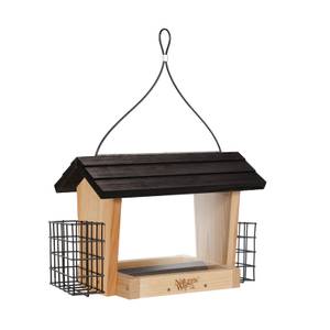 Nature's Way Cedar Hopper Feeder with Suet Cages, 6qt, Supports Small to Large Woodpeckers
