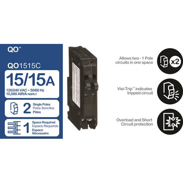 Square D QO1515C Tandem Circuit Breaker – 15A, 120/240VAC, 10kA, Plug-In, VisiTrip Indicator, For QO Load Centers