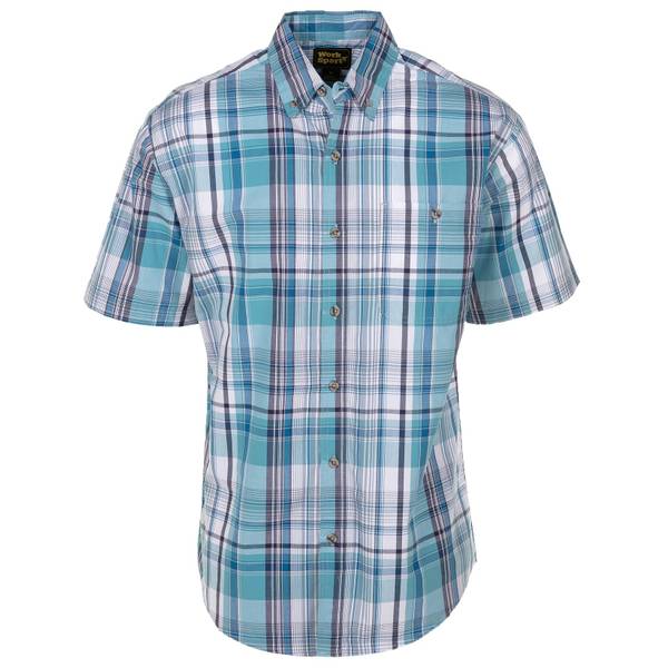 Work n' Sport Men's Short Sleeve Button Down Dobby Shirt, Blue Plaid ...