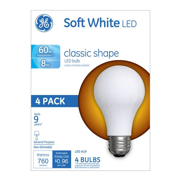 Omtrek belegd broodje seksueel GE 4-Pack 8-Watt Soft White LED A19 Classic Shape Light Bulbs - 99190 |  Blain's Farm & Fleet