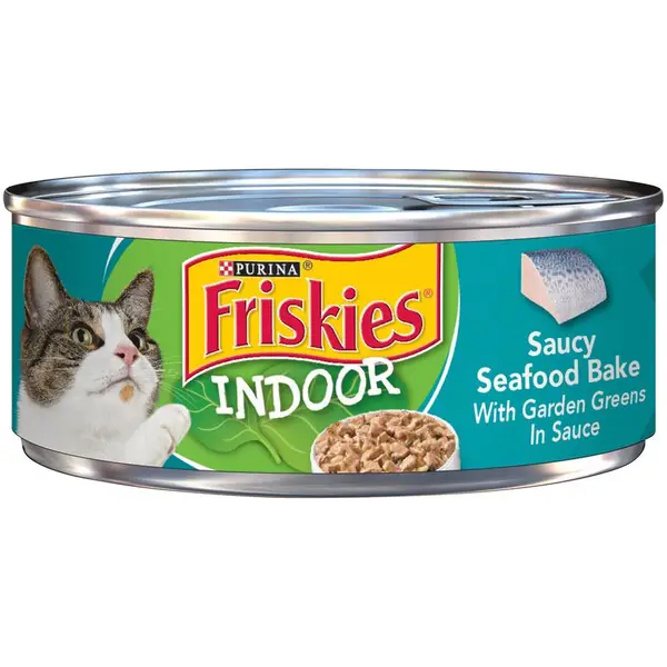 Friskies Indoor Saucy Seafood Bake Cat Food, 5.5 oz, Real Seafood