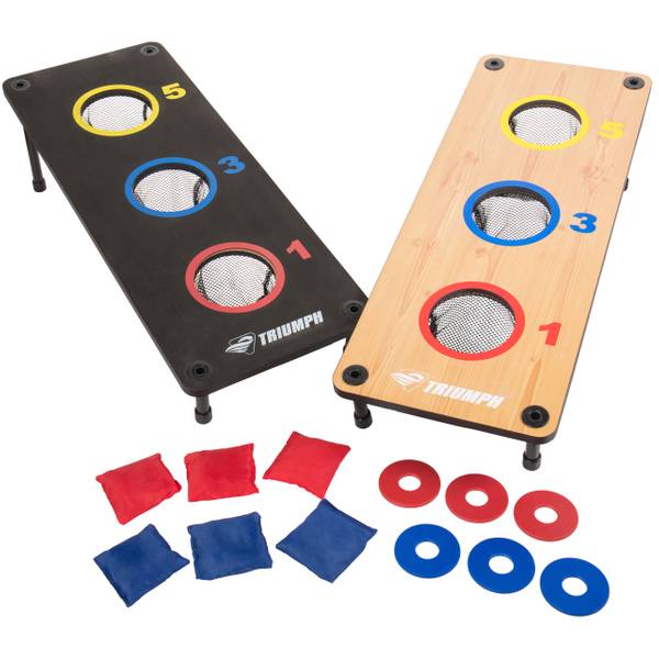 Triumph 2-in-1 Three-Hole Bags and Washer Toss Combo with 2 Game Platforms Featuring On-Board Scoring, 6 Square Toss Bags, and 6 Washers