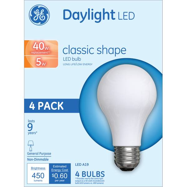 4 Pack GE Daylight LED Classic Shape Bulb 5 Watt 40 Watt Replacement A19 