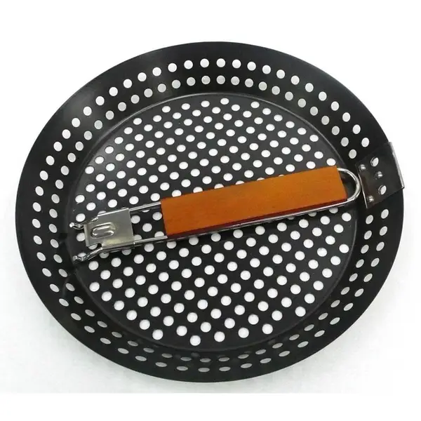 Non-stick Metal Grilling Skillet with Folding Wooden Handle Grill Skillet  Pan with Holes Removable Handle for Barbecue Pan