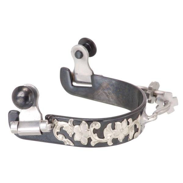 Photo of Women's Black Steel Bumper Spurs with Engraved Floral Silver Overlay