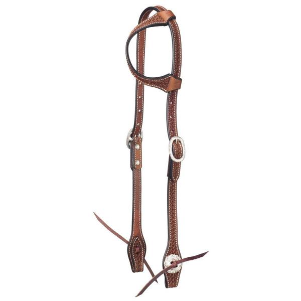 Photo of Leather Single Ear Headstall - Basket Stamp with Silver Hardware