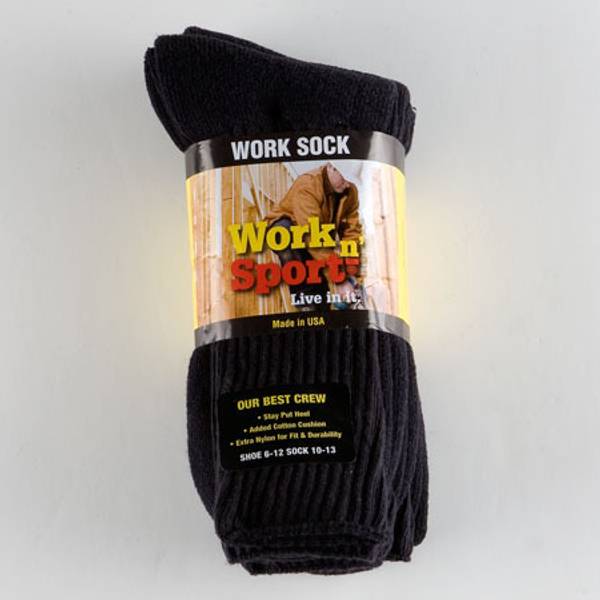 Work n' Sport Men's 2-Pack Crew Work Socks, Black, 10-13 - 344BLKBL ...