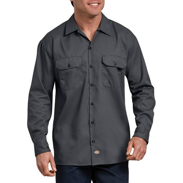 Dickies Men's Flex Relaxed Fit Long Sleeve Twill Work Shirt, Charcoal ...