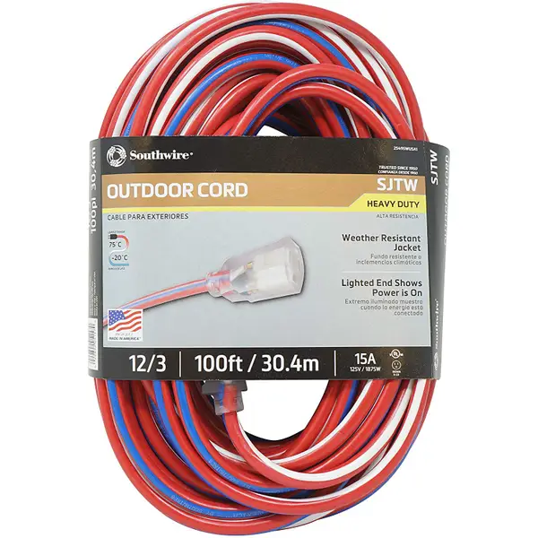 Southwire 12/3 100' Contractor Grade Lighted End SJTW Extension Cord  2549SWUSA1 Blain's Farm  Fleet