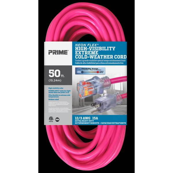 Prime Ns513830 50' 12/3 SJTW Neon Pink Neon Flex Extension Cord