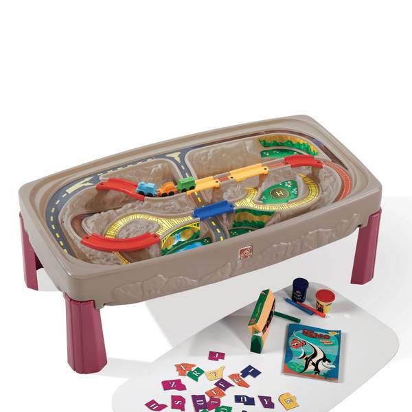 wooden train track with table