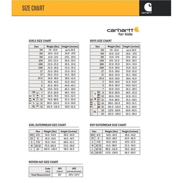 Carhartt size sale chart youth