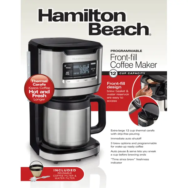  Hamilton Beach 12 Cup Programmable Front-Fill Drip Coffee Maker  with Thermal Carafe, Auto Shutoff, 3 Brew Options, Black and Stainless  Steel (46391): Home & Kitchen