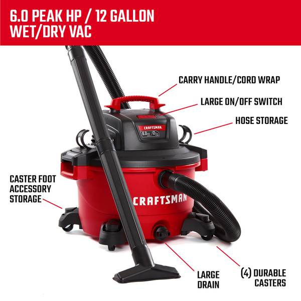 掃除機・クリーナー CRAFTSMAN wet and dry vaccum 22L Craftsman CMXEVBE17594 12 Gallon 6.0 Peak HP Wet/Dry Vac | Blain's