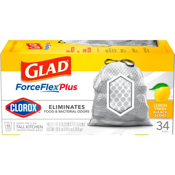 Glad ForceFlex Plus Tall Kitchen Bags, Drawstring, Lemon Fresh Bleach Scent - 34 bags