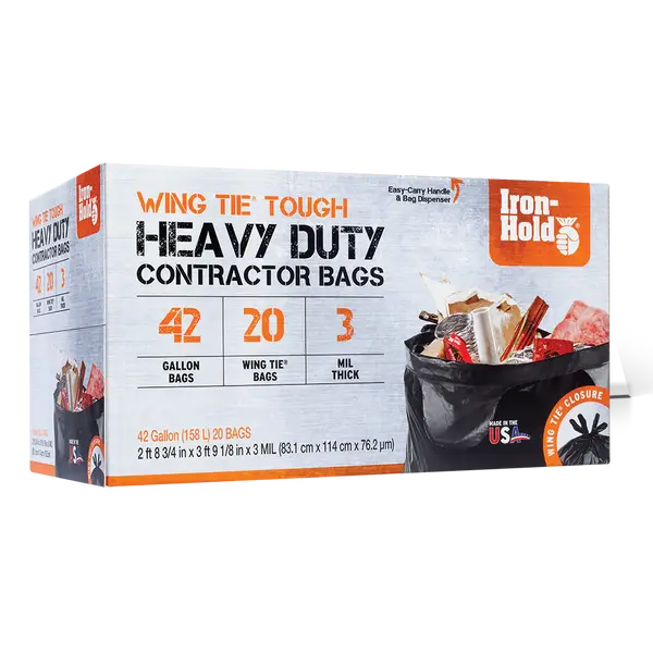 Iron-Hold 42 Gallon 3 mil Wing Tie Black Heavy Duty Trash Bag 36ct 