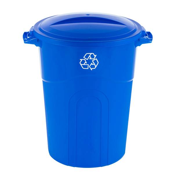Plastic large trash cans with the lids up and garbage inside