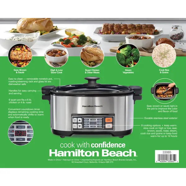  Hamilton Beach 9-in-1 Digital Programmable Slow Cooker with 6  quart Nonstick Crock, Sear, Saute, Steam, Rice Functions, Stainless Steel  (33065): Home & Kitchen