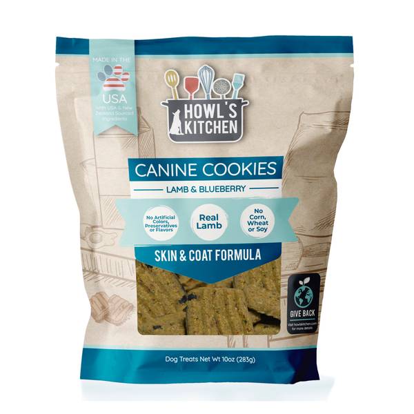 ( Best by 05/28/2024 ) (Case pack of 6 ) Howl s Kitchen Canine Cookies Skin & Coat Formula - Lamb & Blueberry Flavor 10 oz