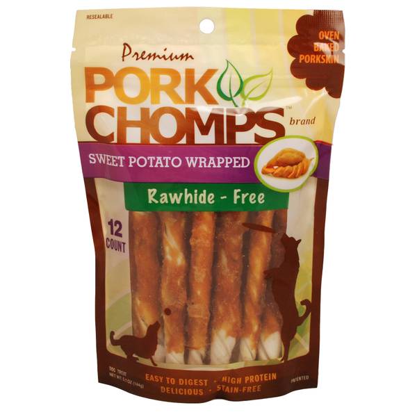 Pork Chomps 12Count 5" Baked Pork Skin Mini Twists with Real Sweet Potato Dog Chews DT492V