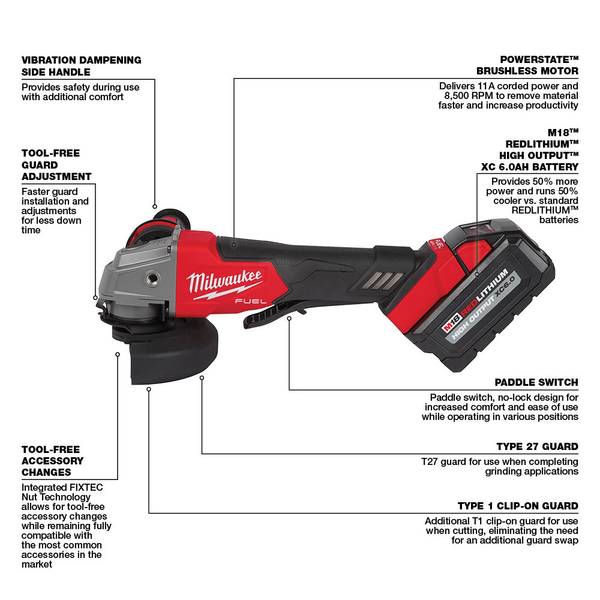 Milwaukee M18 FUEL 4-1/2 / 5 Variable Speed Braking Grinder w/ Paddle  Switch, No-Lock (Tool Only) 2888-20