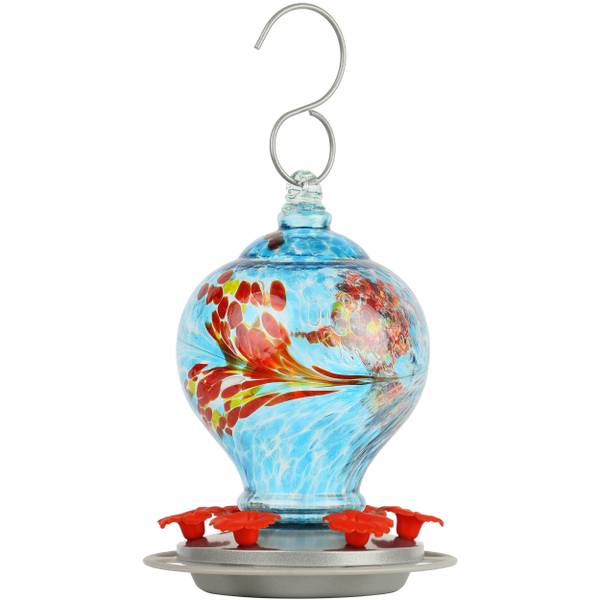Photo of Gravity Hummingbird Feeder, 28 oz Hand Blown Glass, Vibrant Colors, Unique Pattern