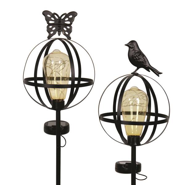 Exhart Solar Metal Bird and Butterfly Firefly Edison Bulb Globe Garden