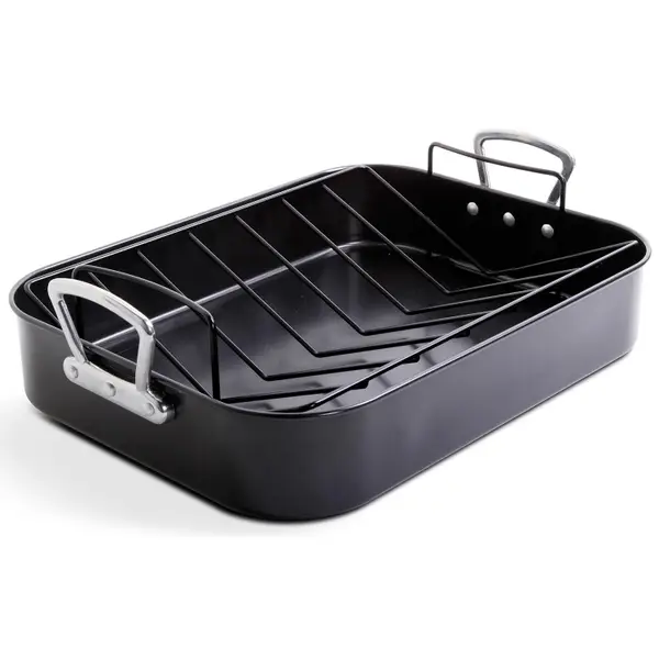 Lexi Home 16.5 inch Non-Stick Carbon Steel Roasting Pan with V-Rack