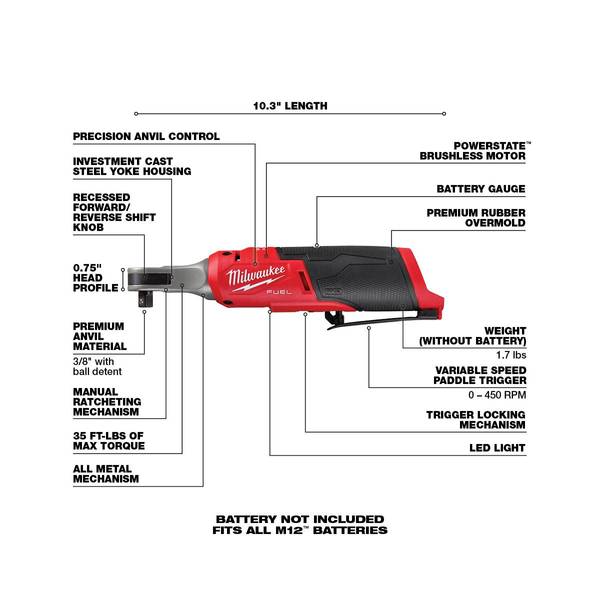 Milwaukee M12 Fuel 3/8 in. Extended Reach High Speed Cordless Ratchet w/3/8 in. Right Angle Impact Wrench & (2) 2.5 Ah Batteries