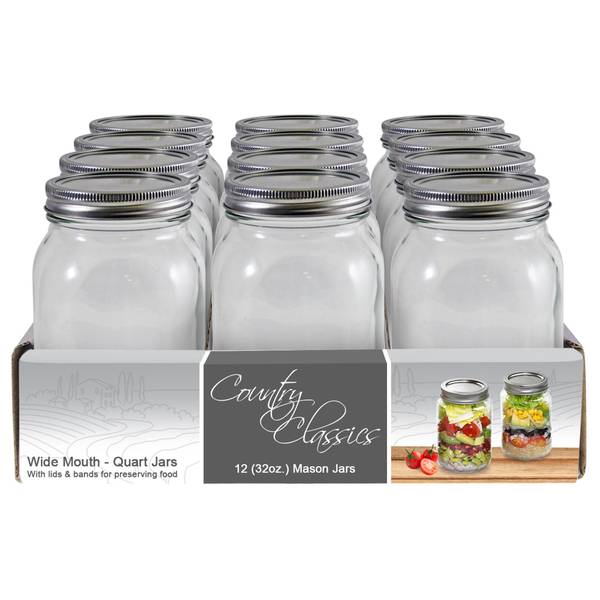 12 Pack Glass MASON JARS WIDE MOUTH Kerr Quart Canning With Lid Band 32 Oz Clear