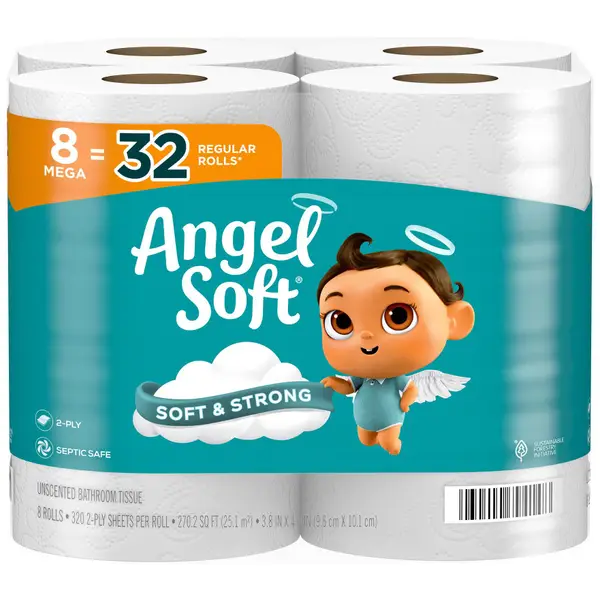 Angel Soft Bathroom Tissue, Unscented, Mega Roll, 2 Ply - 8 rolls
