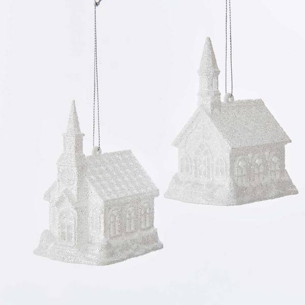 Kurt S. Adler White Glitter Church Lighted LED Ornaments Assortment