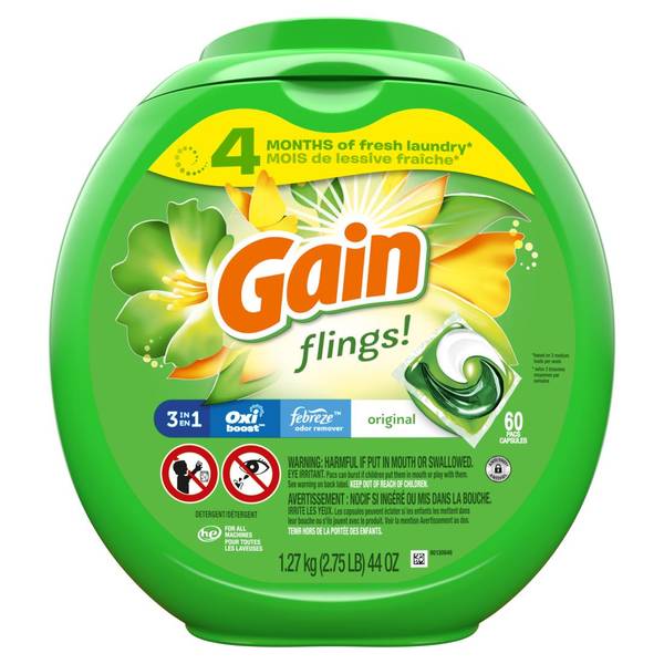 Gain Flings Detergent, 3 in 1, Original, Pacs - 60 pacs, 1.27 kg