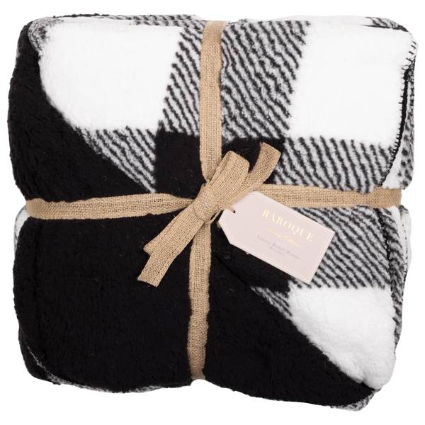 Northpoint Trading Ivory Black Baroque Reversible Plaid Sherpa Blanket