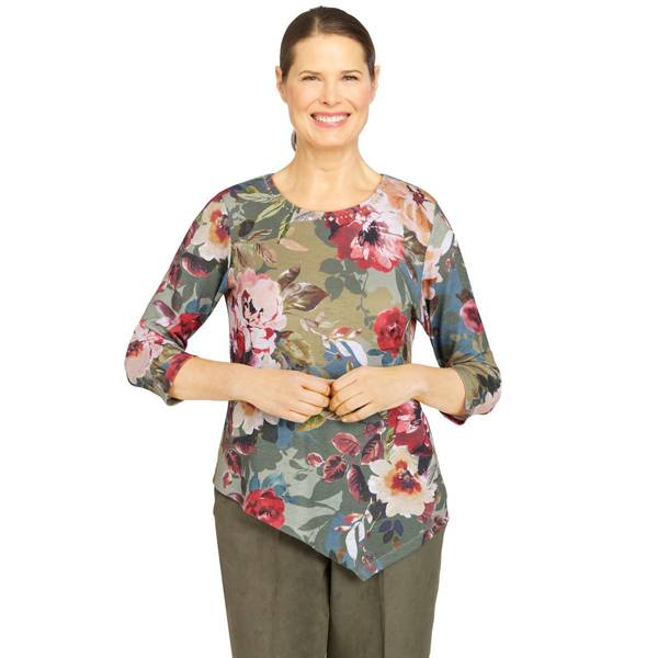 Alfred Dunner Womens Asymmetrical Hem Three Quarter Sleeve Floral Print Top 93556sy 338 Xl 3228