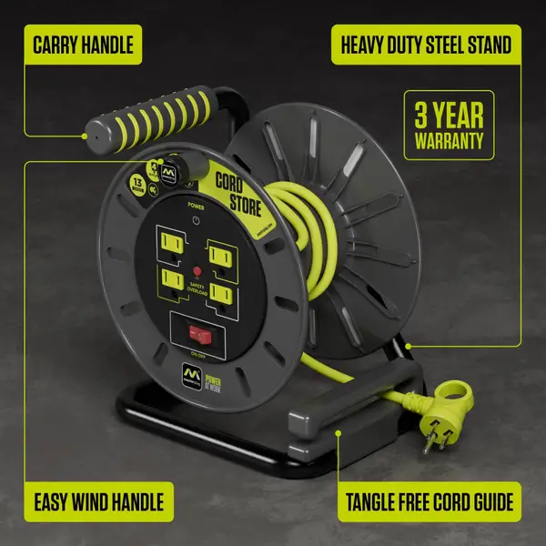 Masterplug 3ft Cord Storage Reel, Retractable Extension Lead with