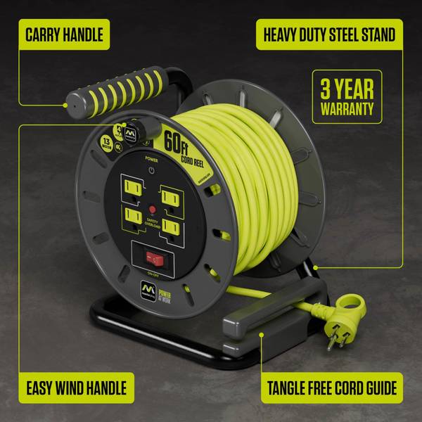 Masterplug 60ft Cord Reel, Retractable Extension Lead with Winding