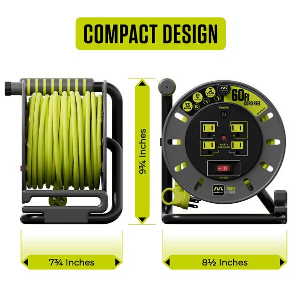 Masterplug 60ft Cord Reel, Retractable Extension Lead with Winding