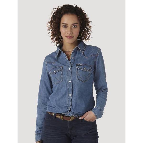 Wrangler Women's Long Sleeve Western Snap Denim Shirt - L - Blue