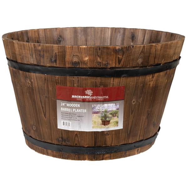 Backyard Expressions 24" Burnt Wood Wooden Barrel Planter 906843