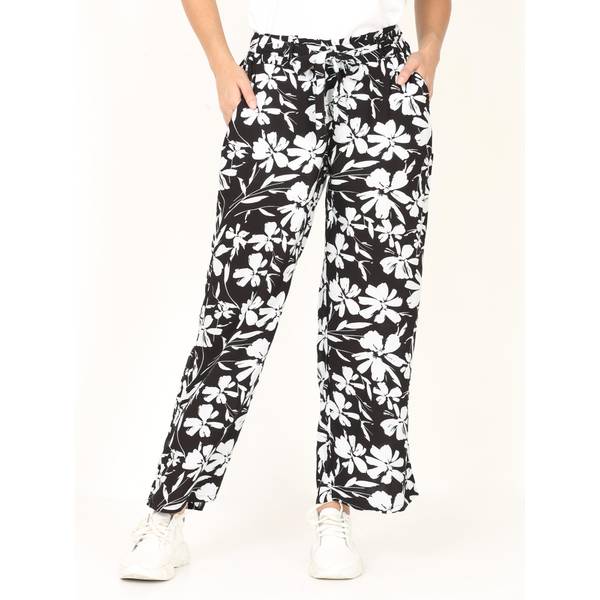 Dash Women's Plus Size Rayon Print Pull On Pants, Black White Floral