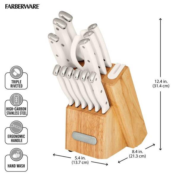 KitchenAid Classic Forged Triple-Rivet Cutlery Wood Block, Built-in  Sharpener, White, 14-pc