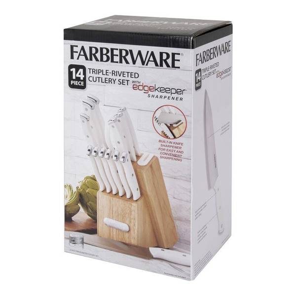 Farberware Edgekeeper Triple Riveted Knife Block Set with Built in  Sharpener, 14-Piece, White
