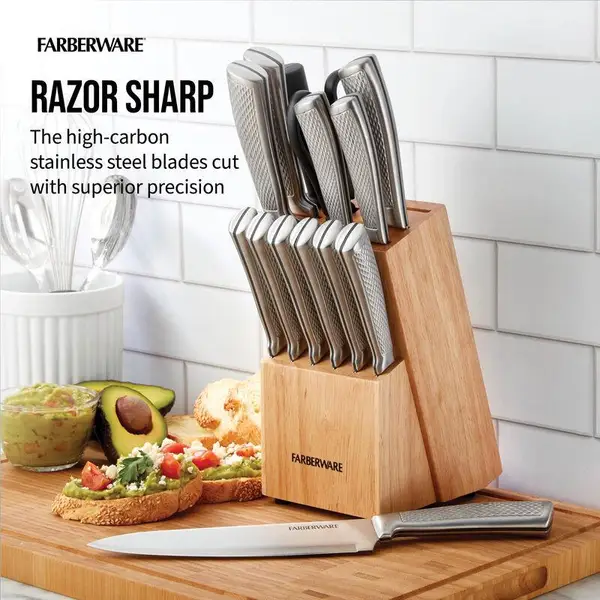Farberware High-Carbon Stamped Stainless Steel Knife Block Set 15-Piece Graphite