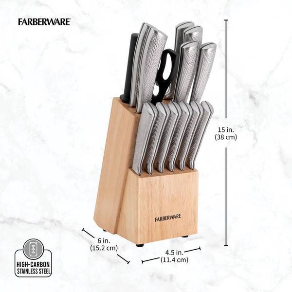 Farberware 14 Piece Wood Knife Block Set 12 Stainless Black Knives