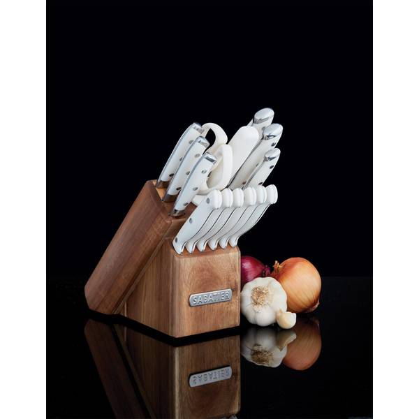 Sabatier Forged Triple Rivet Knife Block Set, 15-Piece, Razor Sharp Kitchen  Knife Set with White and Gold Accented Knives, Acacia Block