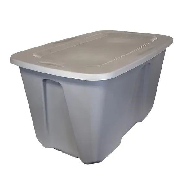3 plastic storage bins: Green homz 32 gallon, blue 122 quart, Gray
